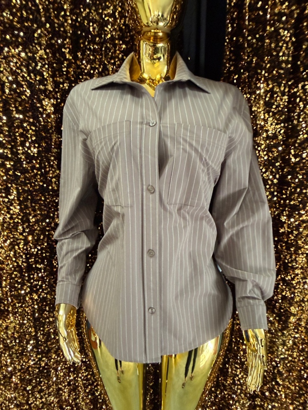 ALO Yoga Taupe Pinstripe Top with White Stripes